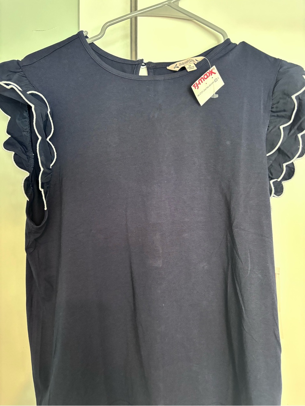 Nanette Lepore Navy Ruffle Sleeve Tee with White Trim